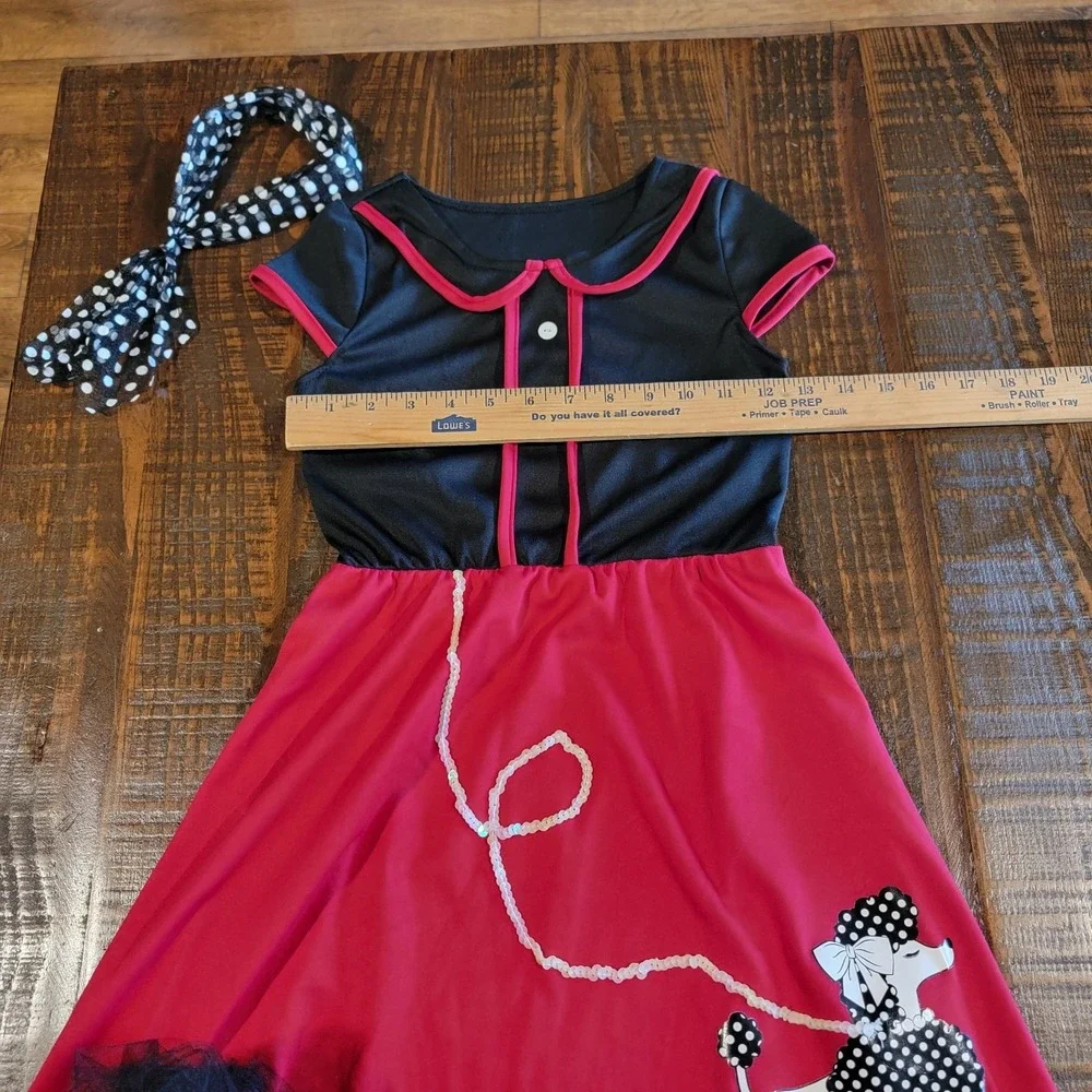 3 PC Red 50's Poodle Skirt Dress outfits Girls Size Medium 6/8 Costume Halloween - Picture 2 of 5